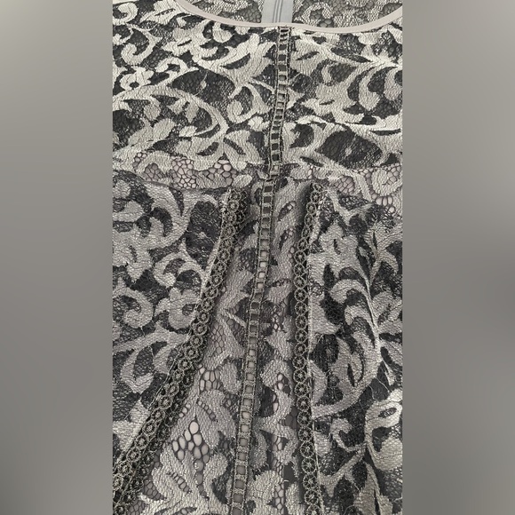White House Black Market Silver Gray Metallic Lace Bell Sleeve Dress. - Picture 15 of 17